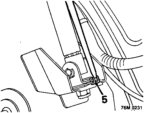 Diagram showing the disengagement of the elastic headlining strap (item 5) from the base of the hood strut.
