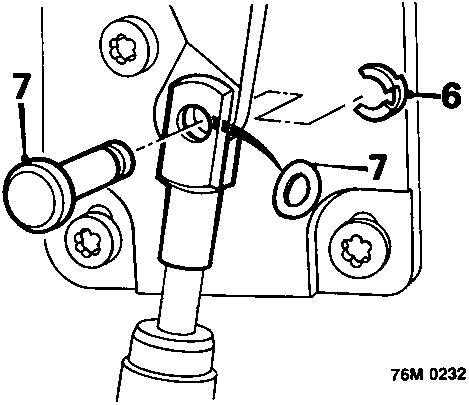 Diagram showing the removal of the clevis pin retaining clip (item 6), clevis pin (item 7), and Belville washer from the strut trunnion.