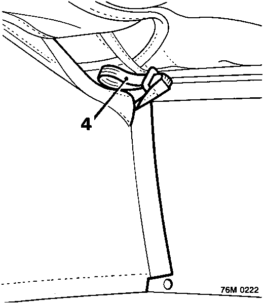 Diagram showing the rear of the headlining and backlight rail area, with callout number 4 pointing to an elastic strap hook.