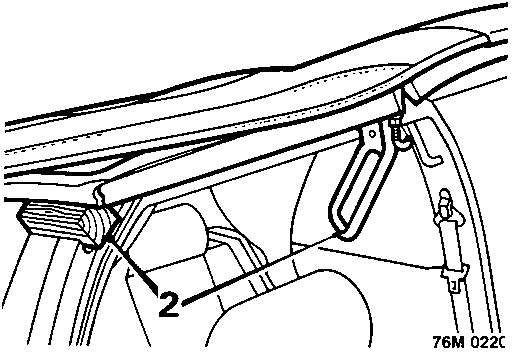 Diagram showing the top of a rear quarter panel and hood frame area, with callout number 2 pointing to a hood handle mechanism.