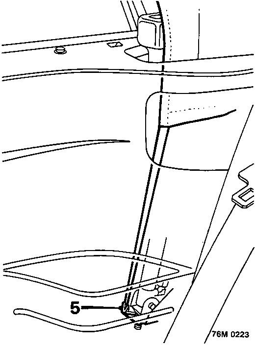 Diagram showing the base of the hood strut and rear quarter trim panel area, with callout number 5 pointing to an elastic headlining strap and wire clip.