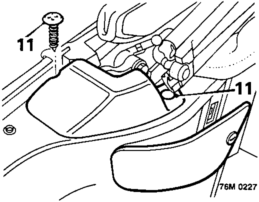Diagram showing the hood hinge area under a trim cover, with a screw and trim stud labeled with callout number 11.