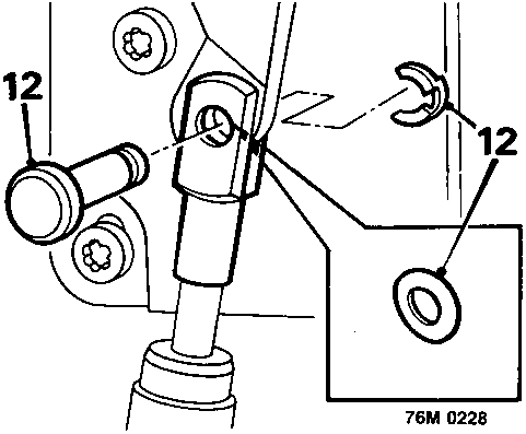 Diagram showing a strut trunnion attached to the hood frame, with a retaining clip and washer labeled with callout number 12.