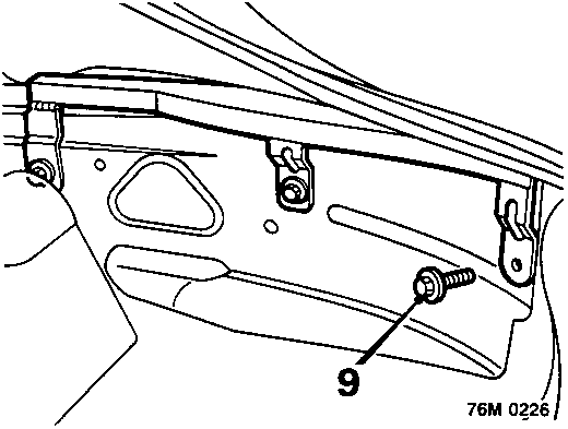 Diagram showing the inside of the body at the rear quarters near the hood, with a screw labeled with callout number 9.