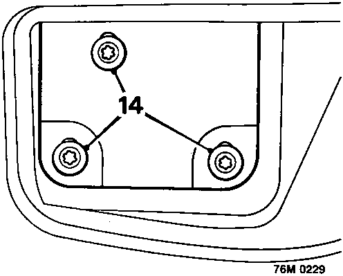 Diagram showing the underside of the hood frame with three Torx screws labeled with callout number 14.