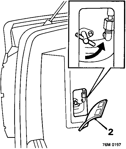 Diagram showing the removal of the hood pump inspection cover and isolator valve on the rear quarter panel