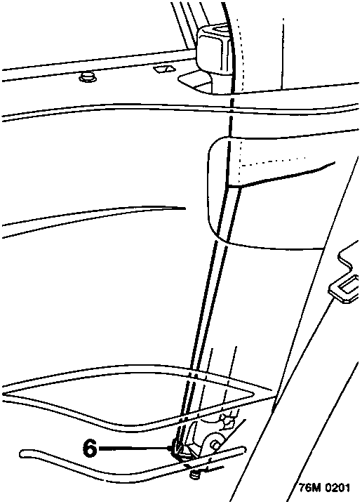 Diagram showing the area between the hood ram and rear quarter trim panel, with a wire clip on the headlining strap, callout number 6.