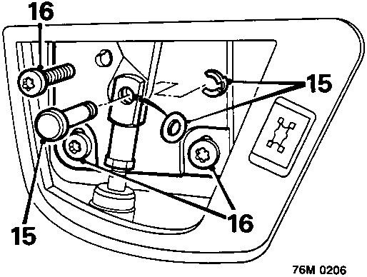Diagram showing Torx screws labeled 16 and retaining clip with Belville washer and clevis pin labeled 15 on hood hinge area