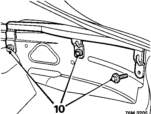 Diagram showing inside of body at hood rear quarters with screw labeled 10