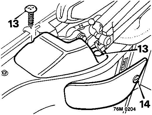 Diagram showing hood hinge cover with screw and trim stud labeled 13, and turnbuckles on hood ram inspection covers labeled 14