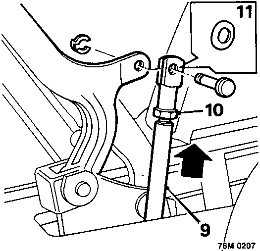Diagram showing hood ram trunnion and clevis pin alignment with callout numbers 9, 10, and 11