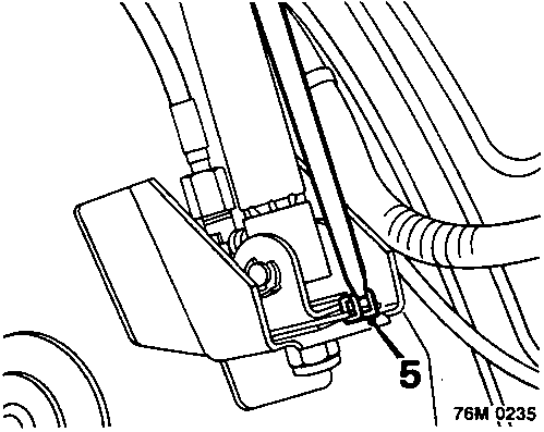 Diagram showing elastic headlining strap disengagement at base of hood ram with callout number 5
