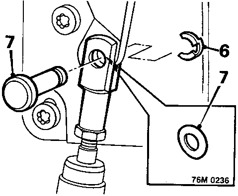 Diagram showing hood ram trunnion clevis pin, retaining clip, and Belville washer with callout numbers 6 and 7
