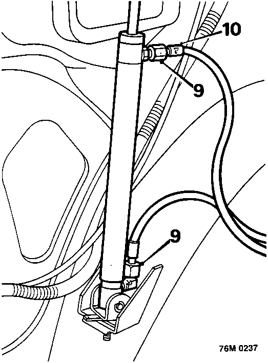 Diagram showing hood ram, drip tray area, hose unions, and hoses with callout numbers 9 and 10