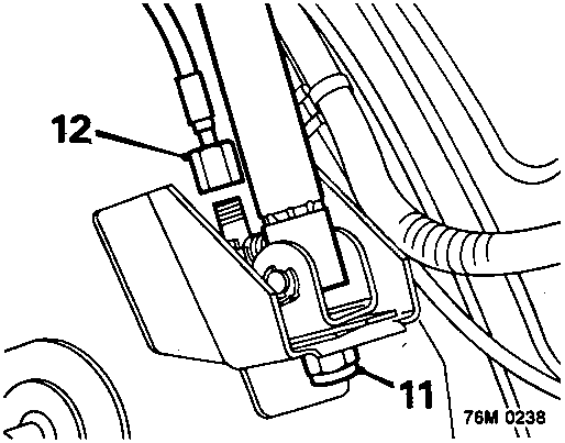 Diagram showing base of hood ram, Nyloc nut, headlining strap locating plate, and disconnected hoses with callout numbers 11 and 12