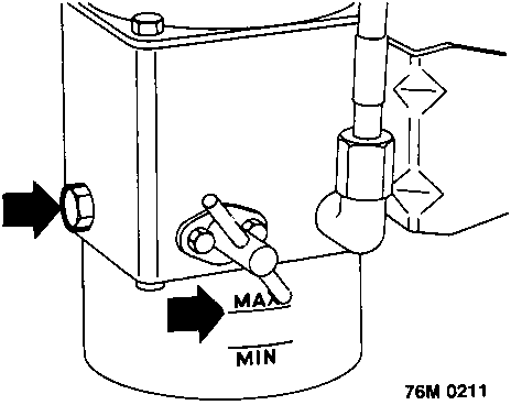 Diagram of the hood pump reservoir showing the oil level marks MAX and MIN