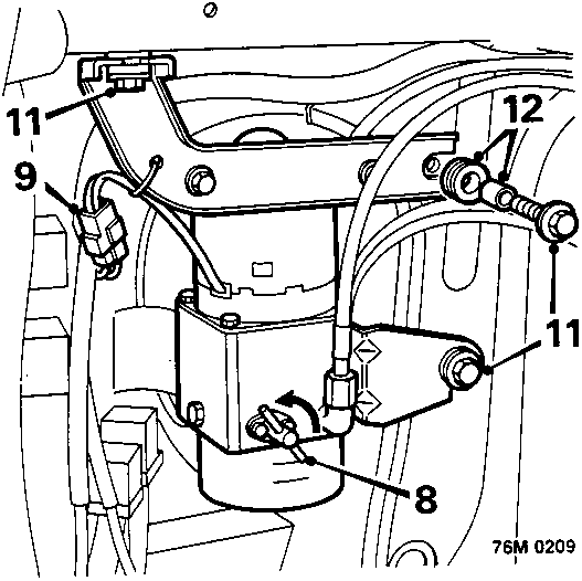 Diagram of hood pump assembly in luggage compartment with numbered callouts 8, 9, 11, 12