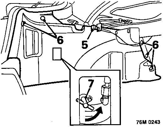 Diagram showing the release of the L.H. rear seat squab catch, removal of fixing studs from the side valance carpet, and turning of the hood pump isolator valve (callout 7)