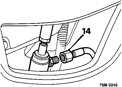Diagram showing disconnecting ram union and removing hose from vehicle, with callout number 14.