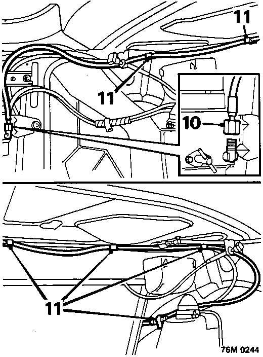 Diagram showing release of hose from spiral tie and plastic clips beneath rear shelf, with callout numbers 10 and 11.