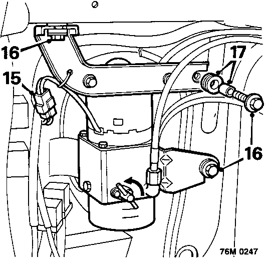 Diagram showing disconnecting multiplug from hood motor fly-lead, removing pump fixing bolts, and collecting rubber bushes and steel inserts, with callout numbers 15, 16, and 17.