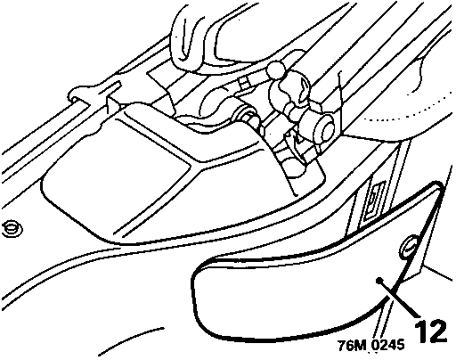 Diagram showing release of turnbuckle from hood ram inspection cover, with callout number 12.