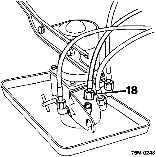 Diagram showing keeping pump assembly upright and disconnecting hose from pump and plug union and hose, with callout number 18.
