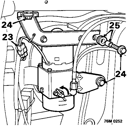 Diagram showing disconnecting multiplug from hood motor fly-lead, removing pump fixing bolts, and collecting rubber bushes and steel inserts from pump mounting brackets