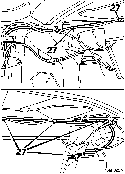 Diagram showing release of hose from spiral tie and plastic clips beneath rear shelf, with callout numbers 27 pointing to various fasteners and ties.