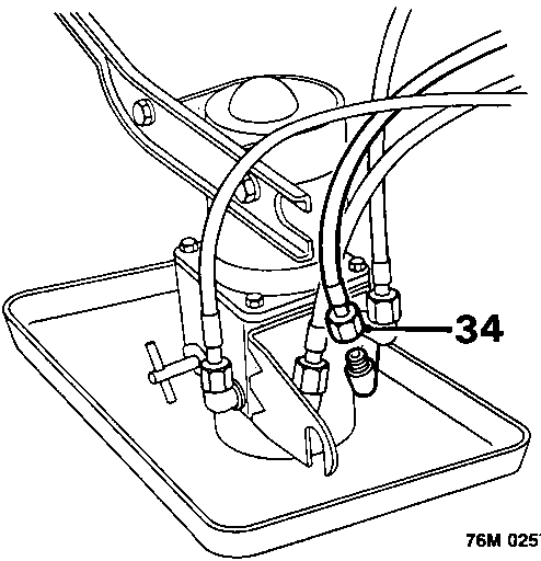 Diagram showing the pump assembly upright in a drip tray, with callout number 34 pointing to the hose being disconnected from the pump.