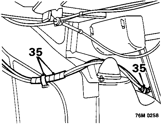 Diagram showing release of hose from spiral ties and body tags, with callout number 35 pointing to the clips.