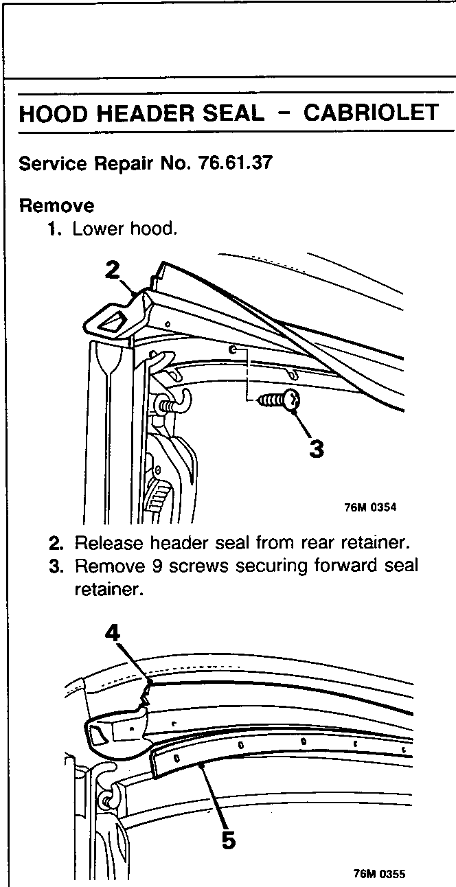 Diagram showing the release of the header seal from the rear retainer and removal of screws securing the forward seal retainer