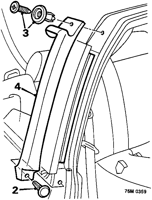 Diagram showing removal of trim stud (2), centre screw (3) and seal (4) from the B post area