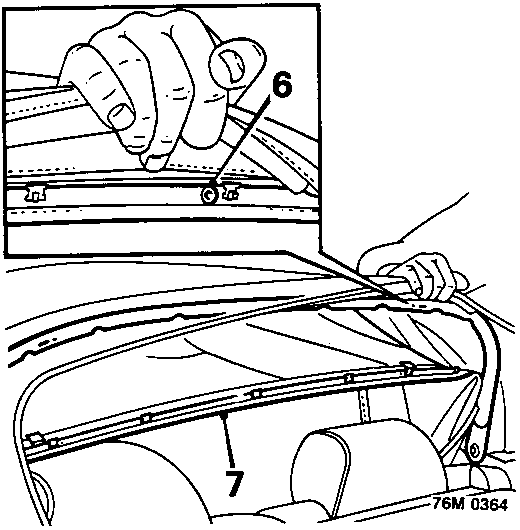 Diagram showing a hand using a drill to remove pop rivets from the rear headlining retainer on the hood frame, with callout numbers 6 and 7.