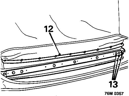 Diagram showing the release of the outer covering clamp rail and the drilling of pop rivets securing the backlight zip to the hood frame rear spar, with callout numbers 12 and 13.