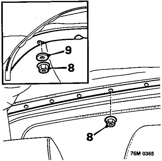 Diagram showing nuts and washers on clamp rail studs at the rear of the hood frame, with callout numbers 8 and 9.