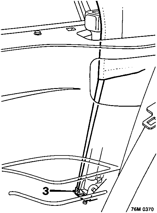 Diagram showing the base of a hood strut with a wire clip labeled 3 securing an elastic headlining strap.