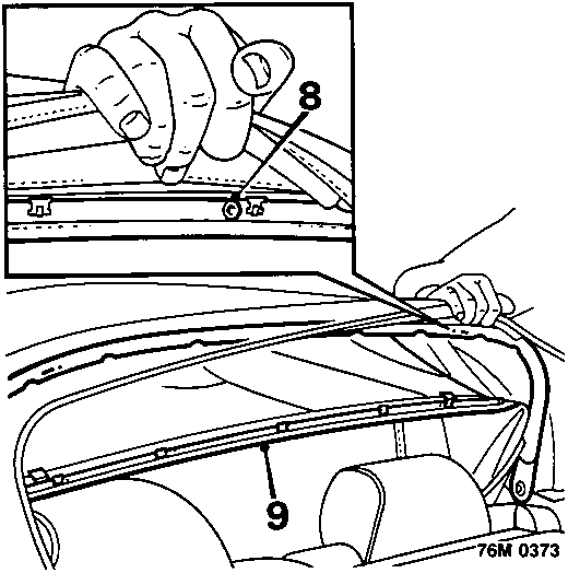 Diagram showing a hand using a drill on pop rivets labeled 8 securing a headlining retainer rail labeled 9 to the hood frame.