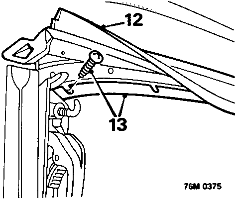 Diagram showing the release of the rear edge of the header seal from the headlining retainer, with callout numbers 12 and 13.