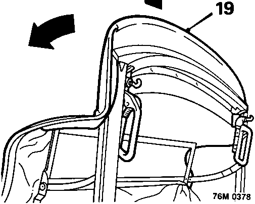 Diagram showing the release of the header rail from the hood frame and folding back the outer covering over the luggage compartment lid, with callout number 19.