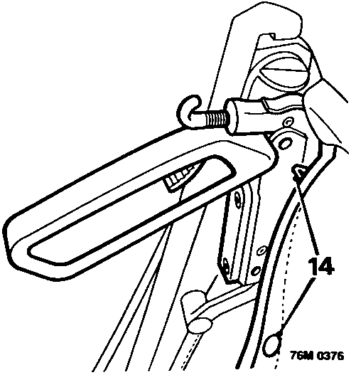 Diagram showing the release of headlining trim studs from handles, with callout number 14.