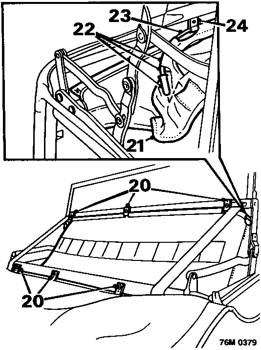 Diagram showing the drilling out of pop rivets securing headlining bows to the hood frame, and the withdrawal of the bow from the headlining, with callout numbers 20, 21, 22, 23, and 24.