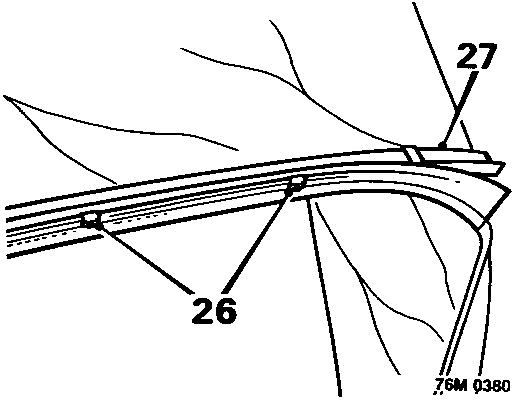 Diagram showing rear retainer rail and trim clips securing to headlining, with callout numbers 26 and 27.