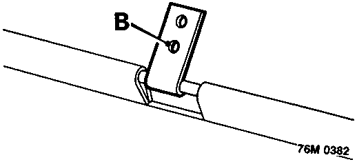 Diagram showing forward bow bracket attached to hood frame with pop rivets through holes marked 'B'.