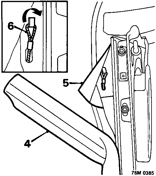 Diagram showing the cantrail seal and header rail area with callout numbers 4, 5, and 6