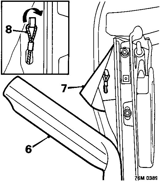 Diagram showing release of cantrail seals from hood frame, with callout numbers 6, 7, and 8 indicating specific components and actions.