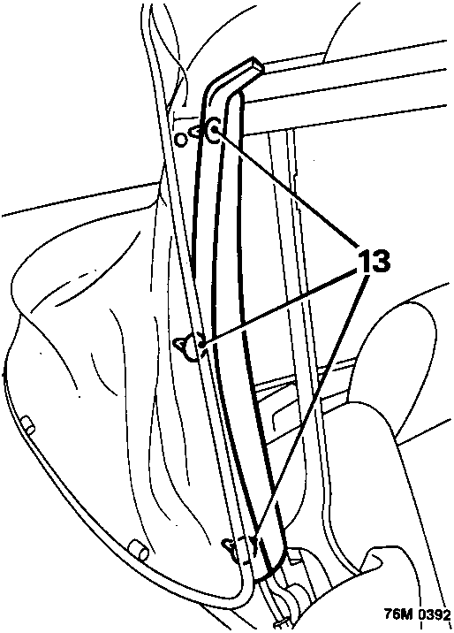 Diagram showing release of trim studs securing 'D' post seal, with callout number 13 pointing to the studs.