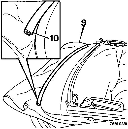 Diagram showing folding of outer covering away from header rail, with callout numbers 9 and 10 indicating the beading strip and rail.