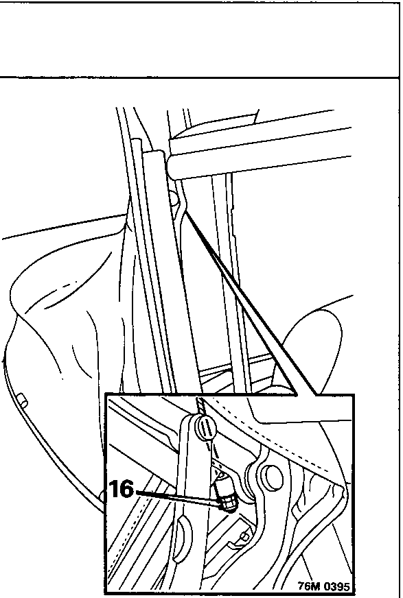Diagram showing removal of locknut and adjustment nut from cantrail tensioning cable and release of cables from hood frame, callout 16