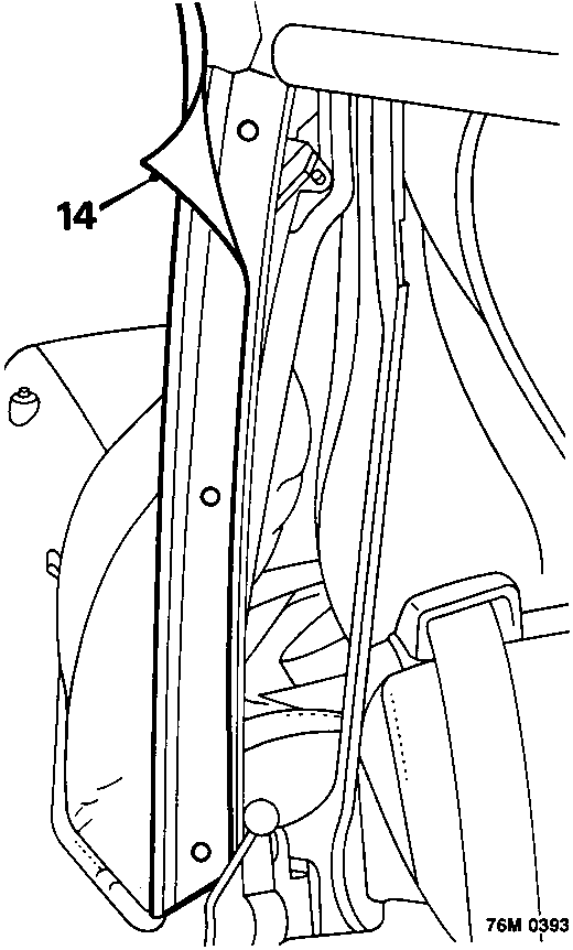 Diagram showing release of outer covering from adhesive on 'D' post brackets, callout 14